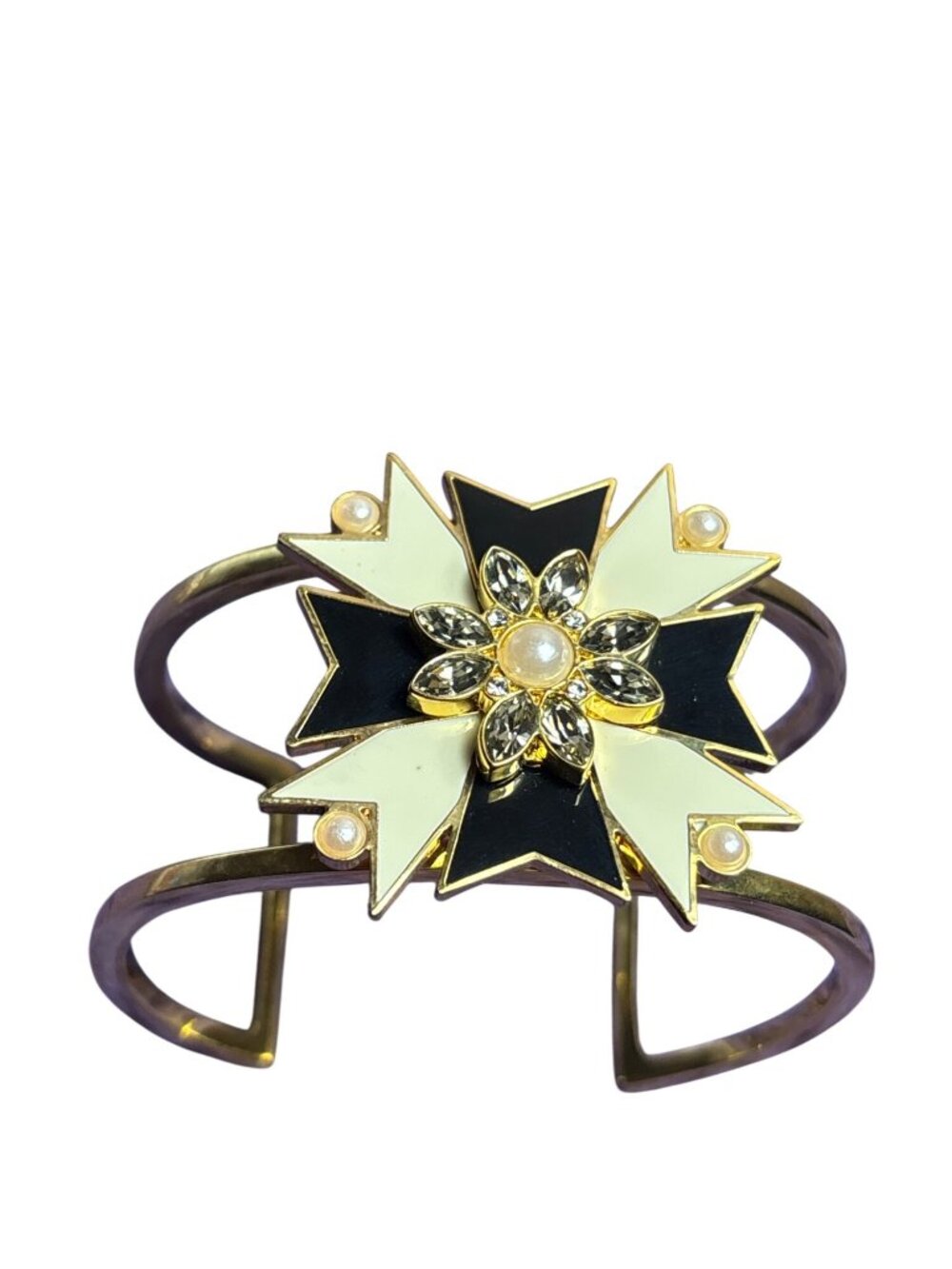 C Wonder Goldtone Cuff Bracelet Faux Pearls Rhinestones Cream Black Enamel 6.75"
